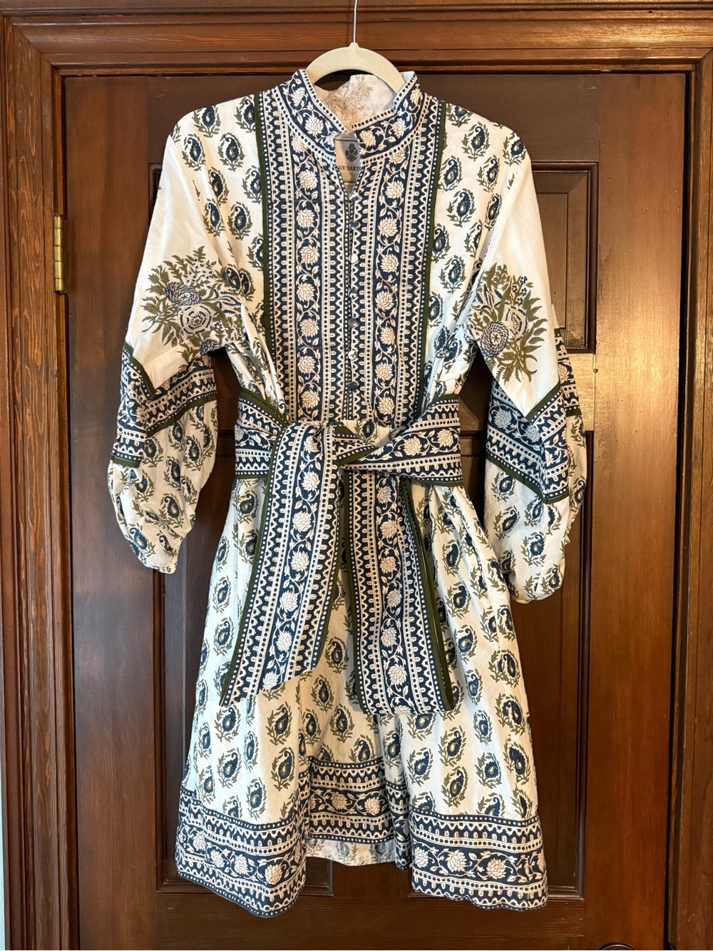 Sue Sartor Shorty Flounce Printed Cotton Midi Dress with Sash - White & Navy